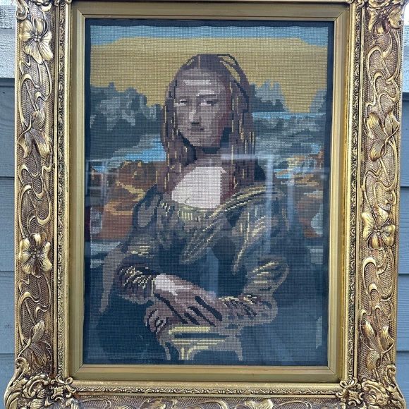 . Mona Lisa Needlepoint glass wooden frame.  Needlepoin - Picture 2 of 7